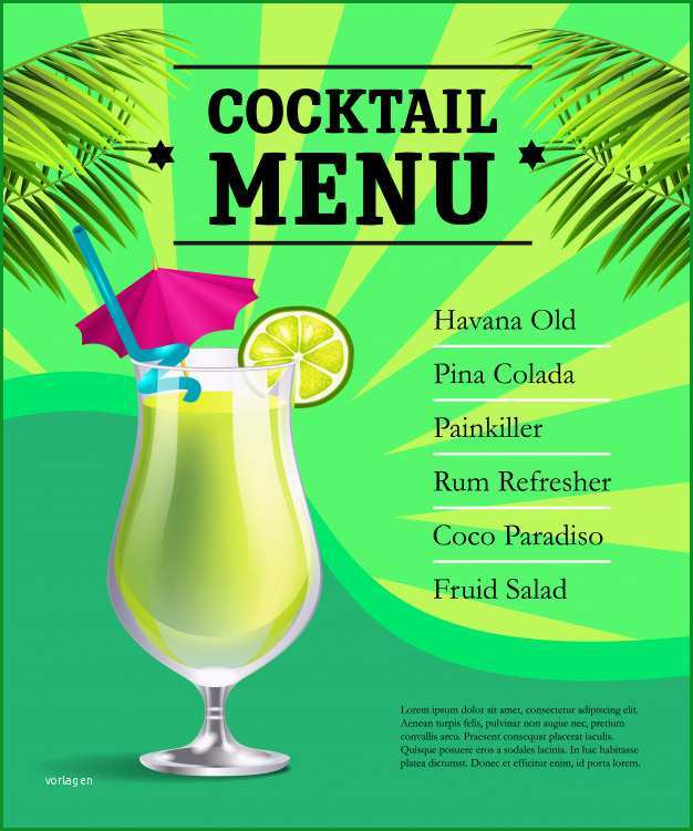 cocktail menu plakat vorlage glas mit rank und kalk und palmblattern